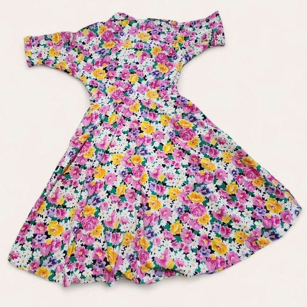 Floral Shirt Dress Vintage 80s Fit Flare Size 6 Pink Yellow Kentucky Derby - Picture 9 of 9